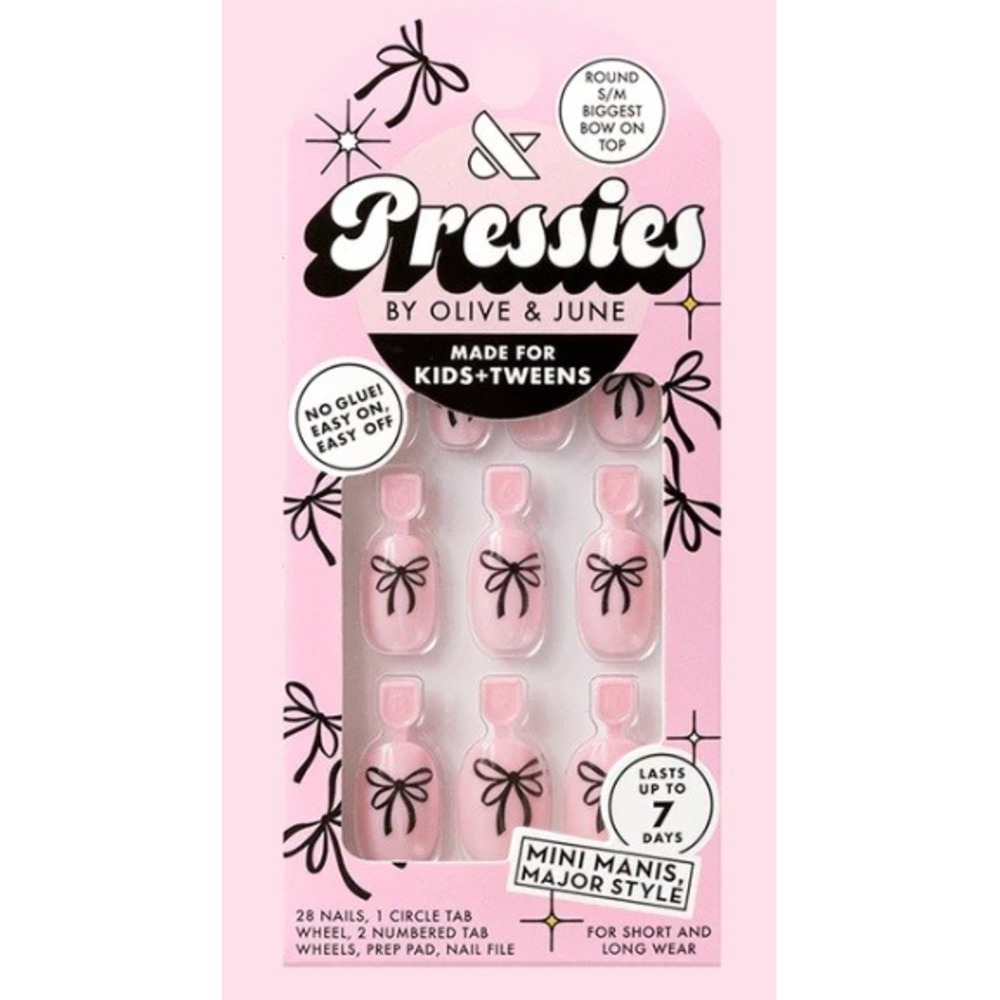 Olive & June Pressies Kid Tweens Press On Nails Biggest Bow On Top Pink Round SM